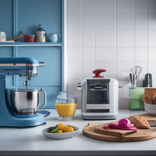 A cluttered kitchen countertop with toaster, blender, and stand mixer scattered about, contrasted with a sleek, modern kitchen in the background featuring hidden storage compartments and a clean, minimalist aesthetic.