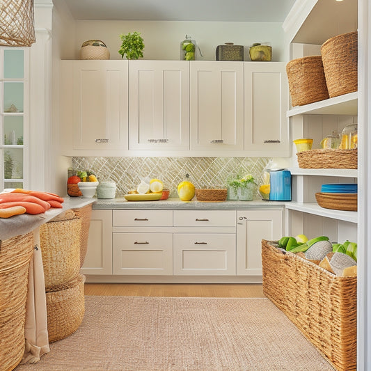 A bright, modern kitchen with white cabinets, featuring a floor-to-ceiling pantry with woven baskets of varying sizes, stacked and labeled, and a few strategically placed freestanding baskets.