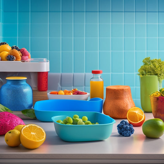 A stylized kitchen counter with a variety of airtight silicone containers in different shapes and sizes, filled with fresh fruits, vegetables, and leftovers, arranged in a visually appealing way.