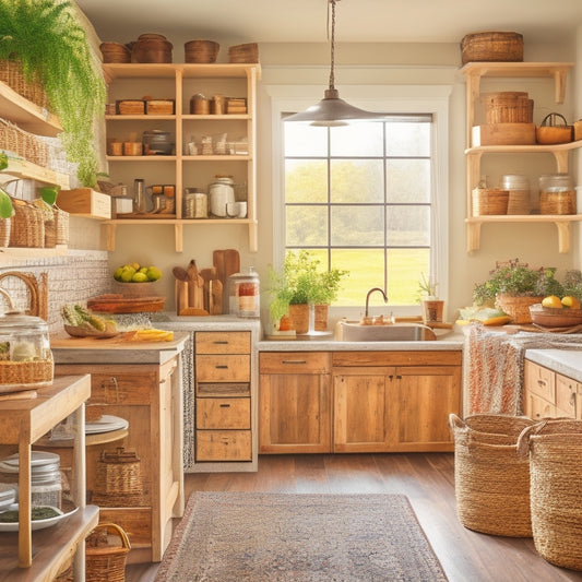 A clutter-free kitchen with a mix of open shelving, woven baskets, and repurposed mason jars storing spices, utensils, and cookbooks, surrounded by warm wooden accents and soft natural light.