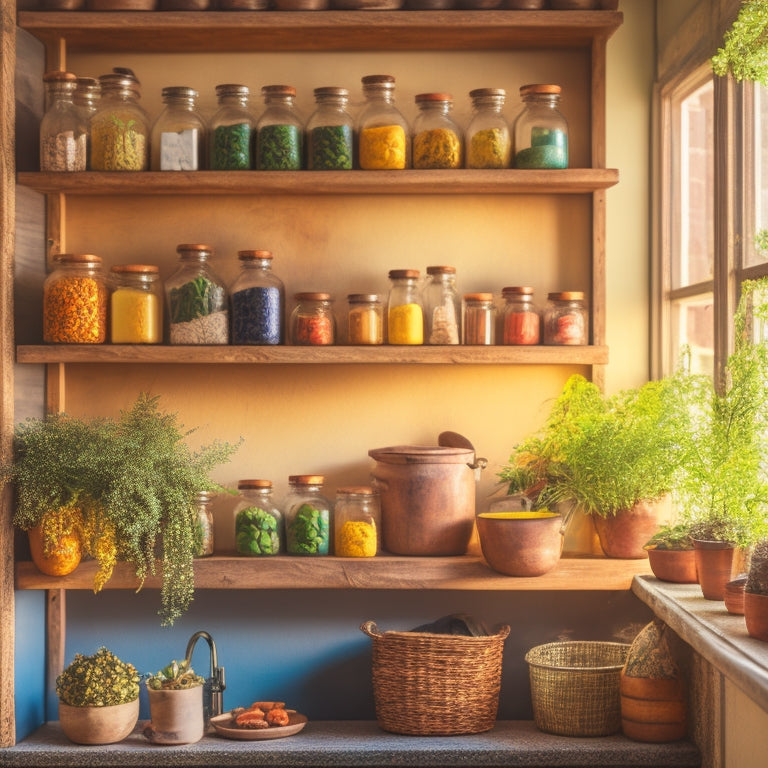 A rustic wooden wall rack filled with vibrant jars of dried herbs and colorful spices, hanging above a cozy kitchen counter adorned with fresh herbs in pots, sunlight streaming through a nearby window.