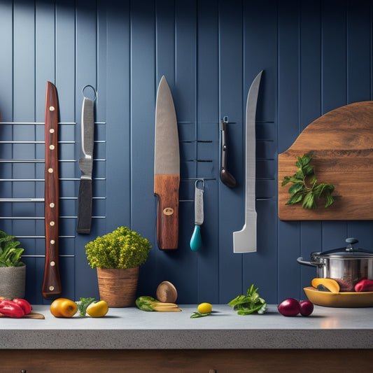 A sleek kitchen wall adorned with an elegant magnetic knife strip, showcasing various chef knives in vibrant colors, alongside rustic wooden cutting boards and fresh herbs, all under warm, inviting lighting.