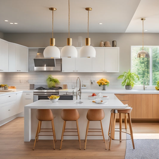 A modern, L-shaped peninsula kitchen with sleek, white cabinets, quartz countertops, and a large, circular pendant light above a sink, surrounded by a spacious, open-plan living area.