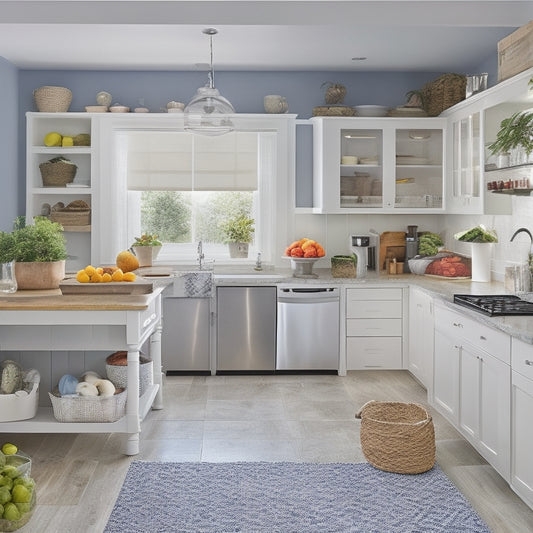 A tidy, modern kitchen with a large, open pantry featuring labeled bins, baskets, and shelves, with a few fresh fruits and vegetables visible, and a laptop on the counter with an organized digital spreadsheet open.