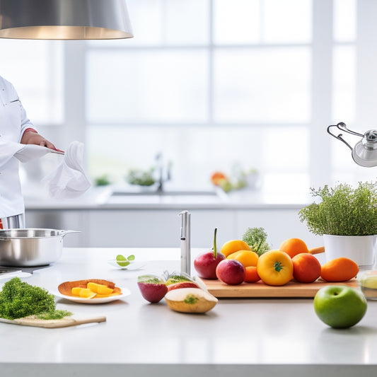 A clean and modern kitchen with a chef in a white coat, gloved hands holding a clipboard, standing in front of a stainless steel countertop with a thermometer, fruits, and vegetables.