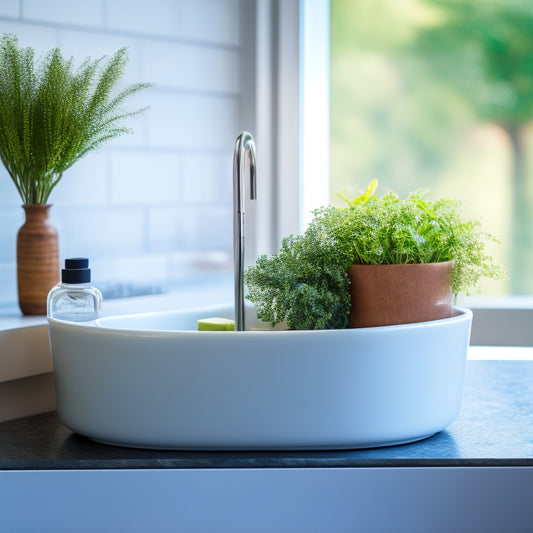 A sleek, modern sink caddy displayed on a sparkling kitchen counter, organized with sponges, soap, and brushes. Natural light streams in, highlighting the tidy arrangement and minimalist design against a backdrop of fresh herbs.