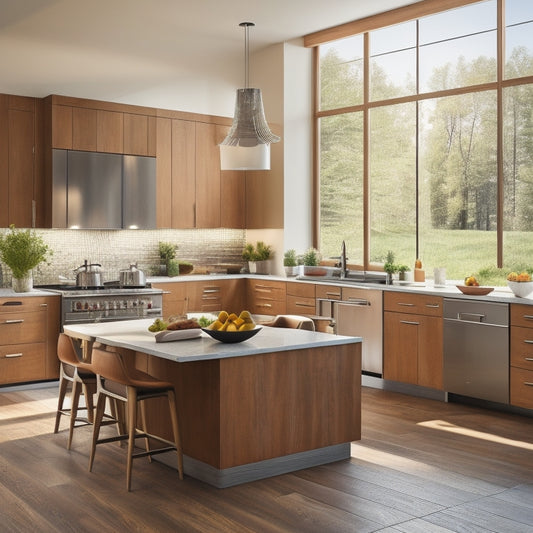 A spacious, modern modular kitchen featuring sleek cabinets, a large island with bar stools, warm wood tones, stainless steel appliances, and ample natural light streaming through large windows, creating a welcoming family atmosphere.