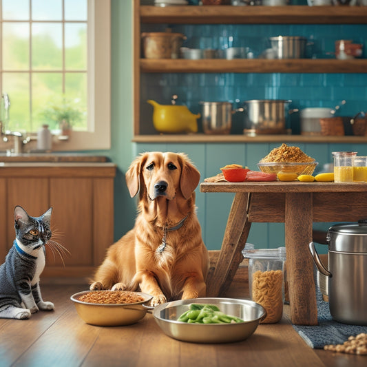 A warm and inviting kitchen scene with a dog and cat sitting on the floor, surrounded by pet food and water bowls, toys, and a few kitchen utensils, amidst a subtle mess.