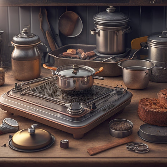 A warm-toned, close-up illustration of a stove's burner and cooktop, with tools and repair parts scattered around, surrounded by subtle hints of kitchen chaos in the background.