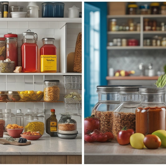 A split-screen image featuring a pristine kitchen counter with a few artfully arranged, freshly opened jars of sauces and condiments on one side, and a cluttered pantry shelf with dusty, expired containers on the other.