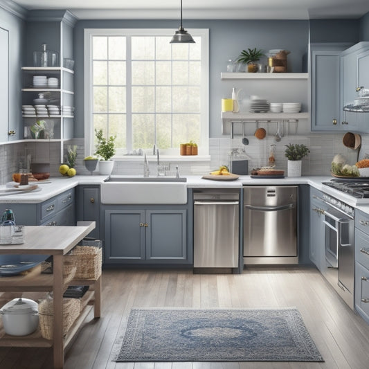 A tidy kitchen with a stainless steel sink, faucets, and appliances, featuring a central island with a built-in cooktop, surrounded by utensils and cleaning supplies, with a subtle grid of checkboxes in the background.