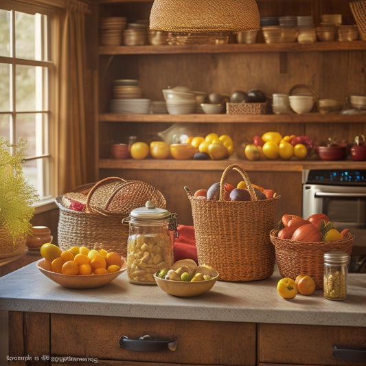 A warm, golden-lit kitchen with a wooden island, featuring a stack of Stephanie Petersen's Food Storage Guide hardcover books surrounded by baskets, jars, and fresh produce.