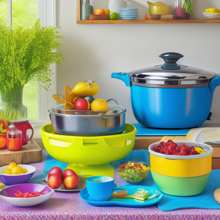 A colorful, clutter-free kitchen counter with the Aroma ARC-914SBD Multicooker at its center, surrounded by an assortment of vibrant utensils, recipe books, and steamer baskets in a harmonious, yet playful arrangement.