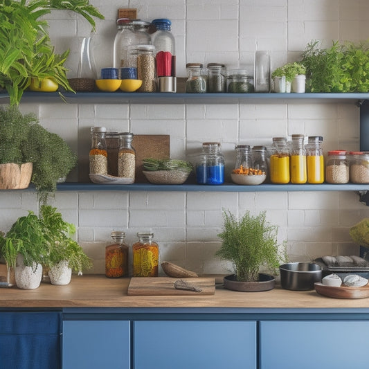A modern compact kitchen storage rack filled with colorful spice jars, neatly arranged cookware, and decorative plants, set against a sleek kitchen backdrop with warm lighting highlighting the organized, efficient space.