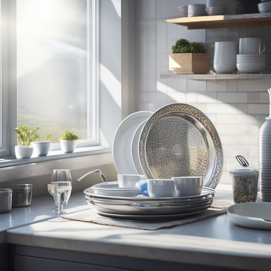 A sturdy, stainless steel expandable dish rack overflowing with heavy ceramic plates, pots, and pans, set against a bright kitchen backdrop with sunlight streaming through the window, highlighting the rack's durability and functionality.