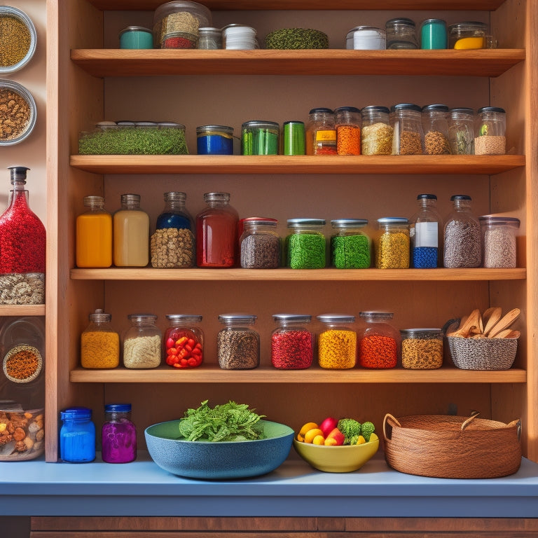 A beautifully organized corner cabinet featuring a wooden Lazy Susan filled with vibrant spices, jars, and kitchen essentials, surrounded by elegant shelves showcasing colorful dishes and fresh herbs, all bathed in warm, inviting light.