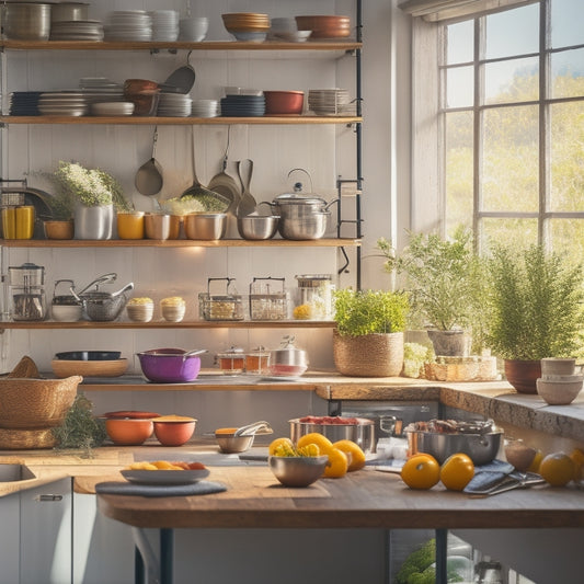 A well-organized kitchen with stainless steel tiered racks elegantly displaying colorful dishware, including plates, bowls, and cups, beside fresh herbs and kitchen utensils, illuminated by warm, natural light streaming through a window.