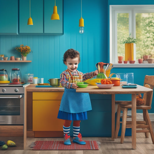 A bright, modern kitchen with a large wooden table in the center, surrounded by colorful utensils and appliances, featuring a confident child wearing an apron, holding a worksheet and a pencil.