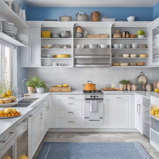 A bright, modern kitchen with a wall of sleek, floor-to-ceiling cabinets, featuring pull-out shelves, baskets, and dividers, showcasing organized cookware, utensils, and ingredients in a harmonious, clutter-free space.