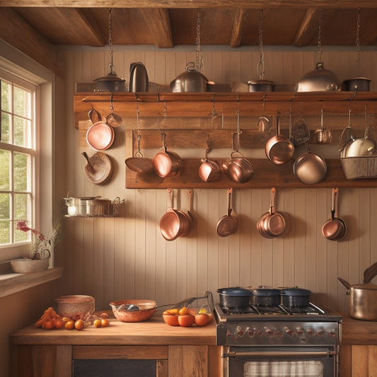 A rustic wooden ceiling pot rack adorned with hanging copper pots and pans, suspended above a warm, inviting traditional kitchen with vintage cabinets, a farmhouse sink, and soft, ambient lighting casting gentle shadows.