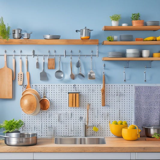 A bright, modern kitchen with a mix of stainless steel and wooden utensils, showcasing a pegboard with hanging pots, a wall-mounted pot rack, and a tiered pot organizer on a countertop.