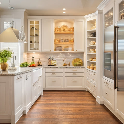 A bright, modern kitchen with creamy white cabinets, warm wood floors, and a stunning custom pantry featuring adjustable shelves, soft-close drawers, and a built-in wine rack.