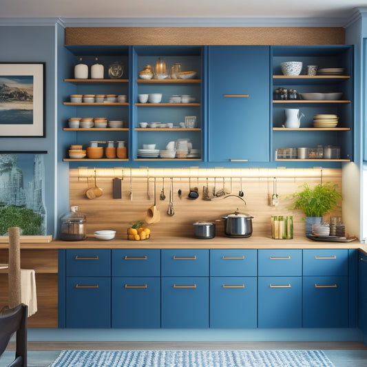 A modern kitchen with sleek, handleless cabinets, pull-out pantry drawers, and a wall-mounted pegboard, showcasing a harmonious blend of style and functionality.