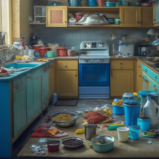 A cluttered kitchen with stacks of dirty dishes, overflowing trash cans, and appliances covered in dust and crumbs, with a faint outline of a person in the background, overwhelmed and frustrated.