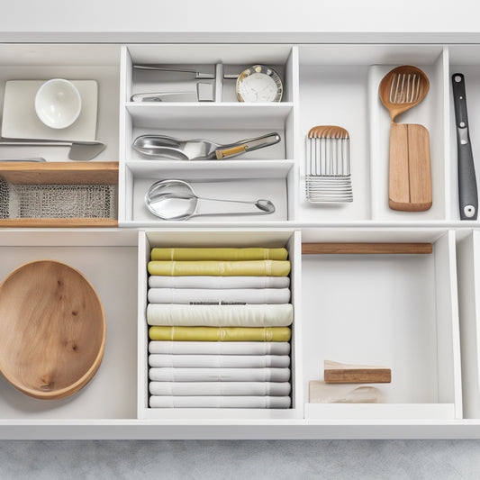 A tidy kitchen drawer with dividers, a utensil organizer, and a stack of matching white plates, surrounded by a few strategically placed kitchen tools, against a clean white background.
