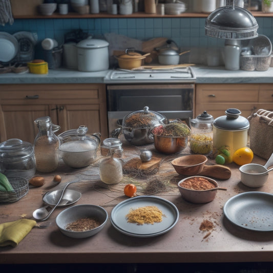 A cluttered kitchen countertop with scattered utensils, dirty dishes, and expired ingredients, surrounded by messy appliances and tangled cords, with a faint outline of a frazzled cook in the background.