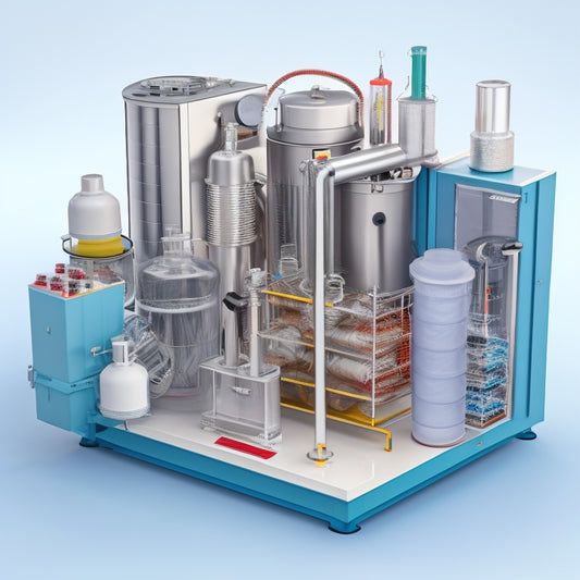 A detailed illustration of a freeze dryer machine with internal components visible, highlighting a premier oil pump at its center, surrounded by freeze-dried products and precision gauges.