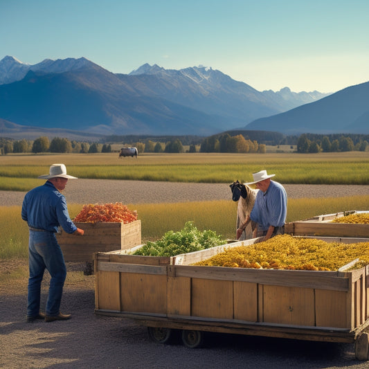 A serene farm landscape with the Rocky Mountains in the background, featuring a farmer in a white hat inspecting fresh produce in a crate, with a state inspector observing in the distance.