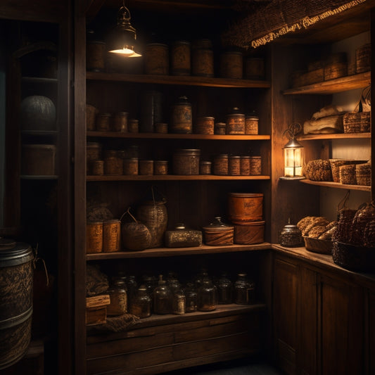 A dimly lit, rustic pantry with wooden shelves, filled with vintage #10 cans of varying sizes, surrounded by old-fashioned lanterns, wooden crates, and worn leather-bound books.