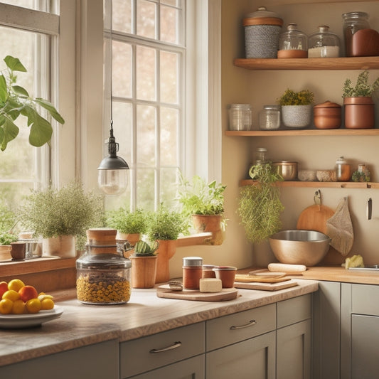 A cozy, modern tiny kitchen showcasing sleek, multi-tiered countertop storage solutions, featuring vibrant spice jars, stylish hanging pots, and neatly arranged utensils, bathed in warm, natural light from a nearby window.