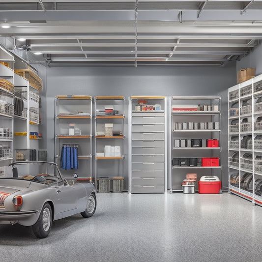 A clutter-free garage with a sleek, silver shelving unit, holding neatly organized car manuals in labeled binders, surrounded by a few polished car models and tools on a spotless floor.