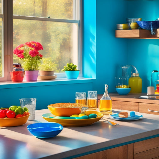 A modern kitchen scene showcases various stylish, dishwasher-safe dish drainers in vibrant colors. Include a sleek countertop, sparkling dishes, and natural light streaming through a window, emphasizing convenience and organization.