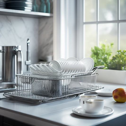 A sleek, stainless steel expandable dish rack with shiny, non-slip rubber feet, elegantly displaying clean dishes, glasses, and utensils, set against a modern kitchen countertop with soft natural light illuminating the scene.