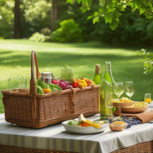 A sunny outdoor setting with a portable container, a wicker picnic basket, and a collapsible table, surrounded by lush greenery, a few utensils, and a refreshing drink, conveying convenience and flexibility.