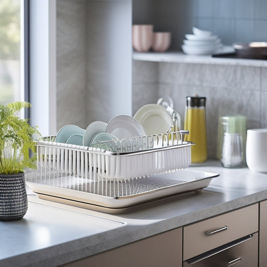 A sleek, modern expandable dish rack gracefully holding an array of clean dishes, with glistening water droplets cascading into a built-in drainage tray, all set against a bright, airy kitchen backdrop filled with natural light.