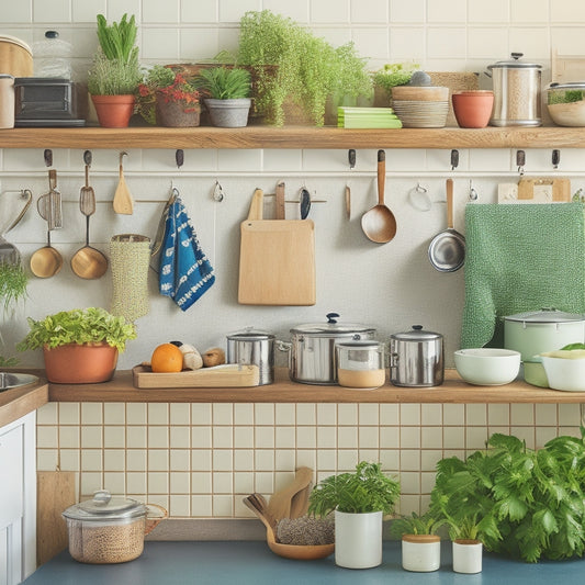 A clutter-free kitchen counter with a standing mixer, utensil organizer, and a pegboard with hanging pots and pans, surrounded by a few strategically placed cookbooks and a small herb garden.
