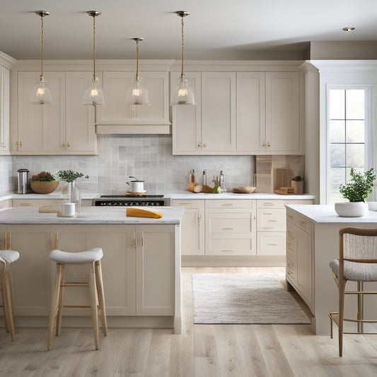 A sleek, modern kitchen with cream-colored Kitchen Craft cabinets featuring soft-close drawers and doors, a large island with a built-in sink, and a pendant light fixture above, surrounded by a warm, neutral-toned background.