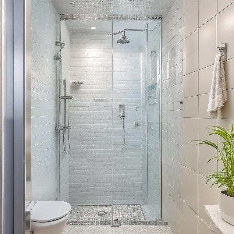 A modern bathroom with a sleek, wall-mounted Symmons hand shower in polished chrome, surrounded by white subway tiles, with water droplets glistening on its surface.