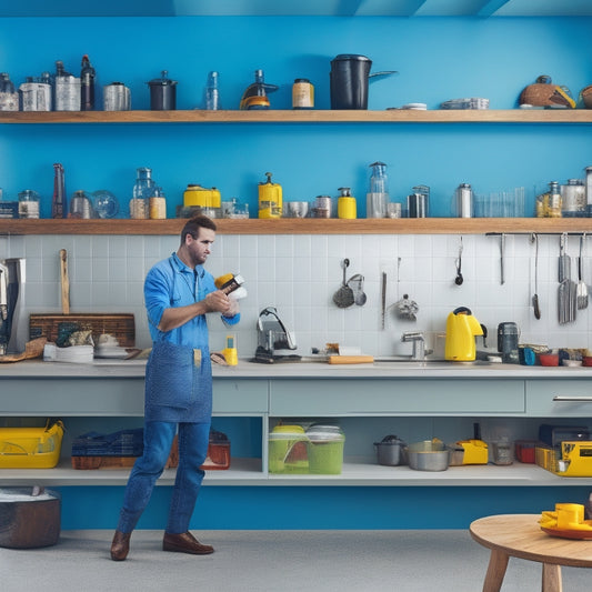 A horizontal image depicting a person in a bright, modern kitchen, holding a drill and standing in front of a wall with partially installed shelves, with tools and hardware scattered around them.