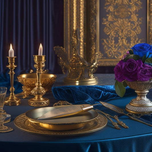 A luxurious, velvet-draped background with a shiny, chrome-plated knife displayed on a ornate, wooden pedestal, surrounded by subtle, golden accents and hints of exclusive, high-end lifestyle elements.