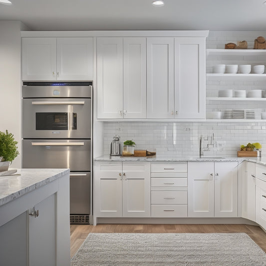 A bright, modern kitchen with a newly installed pantry featuring sleek, white cabinets, adjustable shelves, and soft-close drawers, surrounded by gleaming countertops and stainless steel appliances.