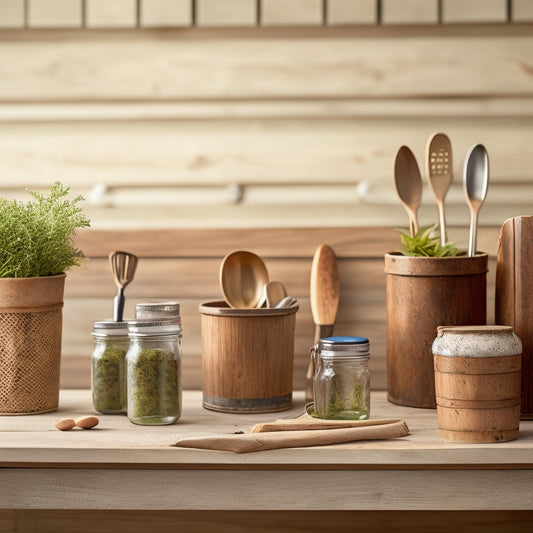 A rustic wooden countertop with 5-7 DIY utensil holders, each made from different materials like mason jars, tin cans, and wooden blocks, arranged artfully with kitchen utensils and greenery.