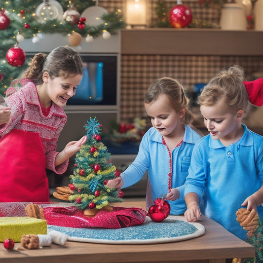 A colorful kitchen scene: a mom and two kids, ages 6 and 8, wearing festive aprons, surrounded by holiday cookies, mixing bowls, and utensils, with a decorated Christmas tree in the background.