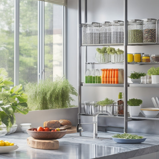 A sleek, modern kitchen featuring shiny stainless steel tiered racks, neatly organized with colorful spices, fresh herbs, and minimalist dishware, illuminated by soft natural light filtering through a window, enhancing a clean and inviting atmosphere.