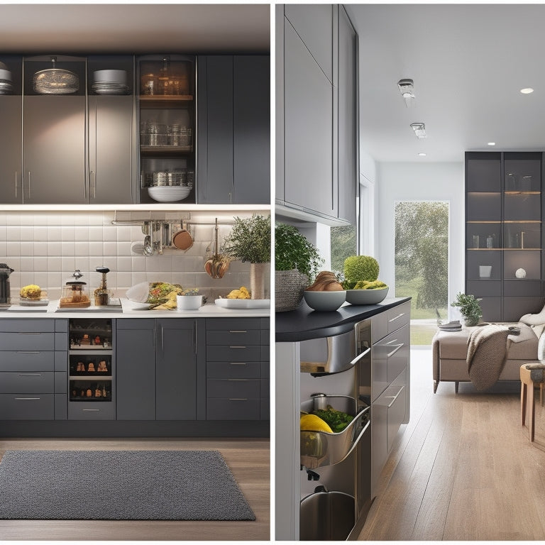 A modern kitchen with sleek, high-gloss cabinets, featuring a pull-out pantry with tiered baskets, a built-in utensil organizer, and a ceiling-mounted pot rack with hanging cookware.