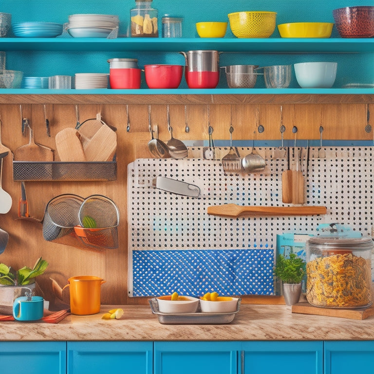 A brightly lit, modern kitchen with a large, wooden pegboard on a wall, holding various colorful utensils, pots, and gadgets, amidst a tidy and organized countertop and background.